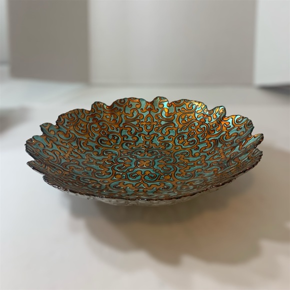 ArdaCam Hand Painted Turquoise & Bronze Glass 12” Round Serving Platter Bowl - Picture 2 of 16